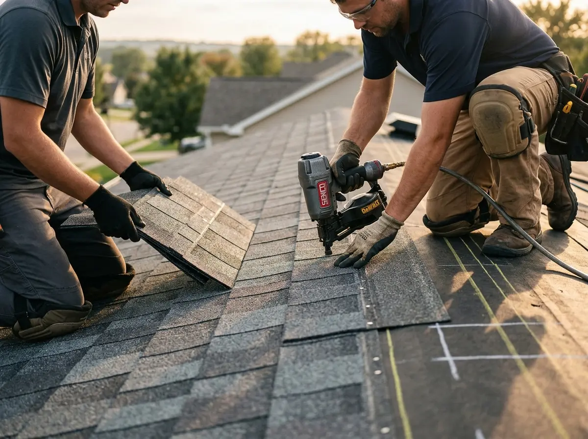 Professional roofer working on a residential roof in Watford City